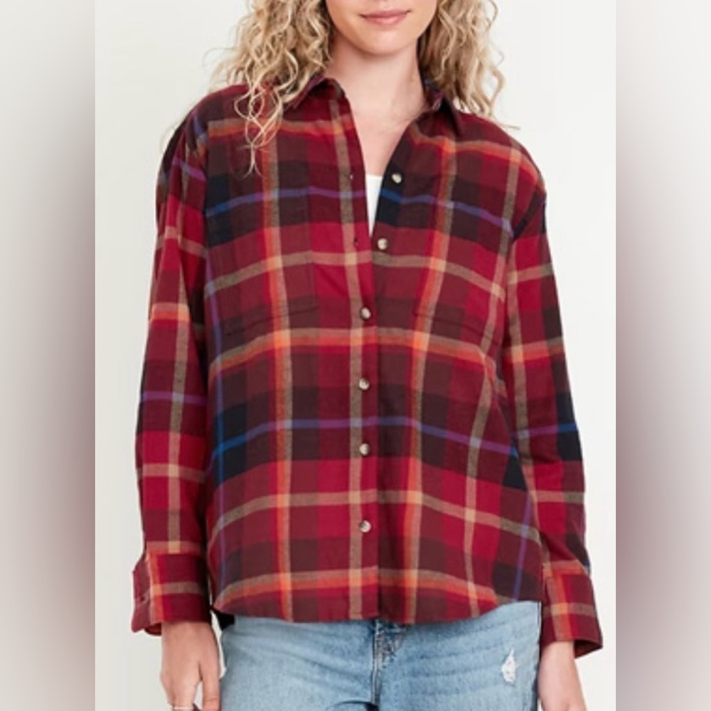 Old Navy Women’s Long Sleeve Boyfriend Flannel Button Down Size Medium Burgundy
